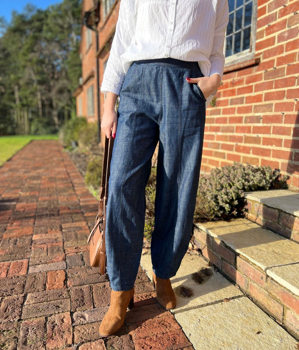 Indigo Linen Blend Barrel Trousers