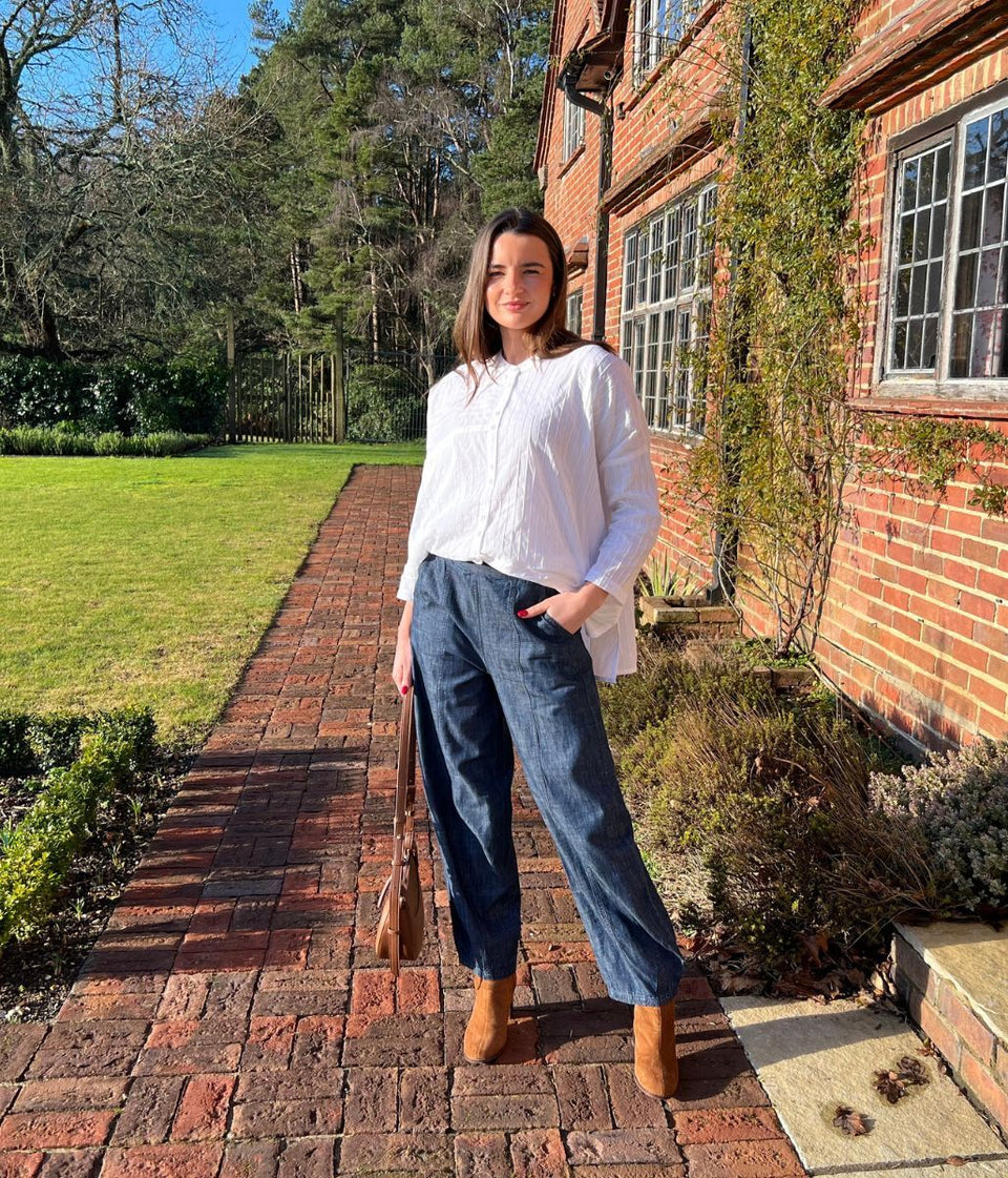 Indigo Linen Blend Barrel Trousers