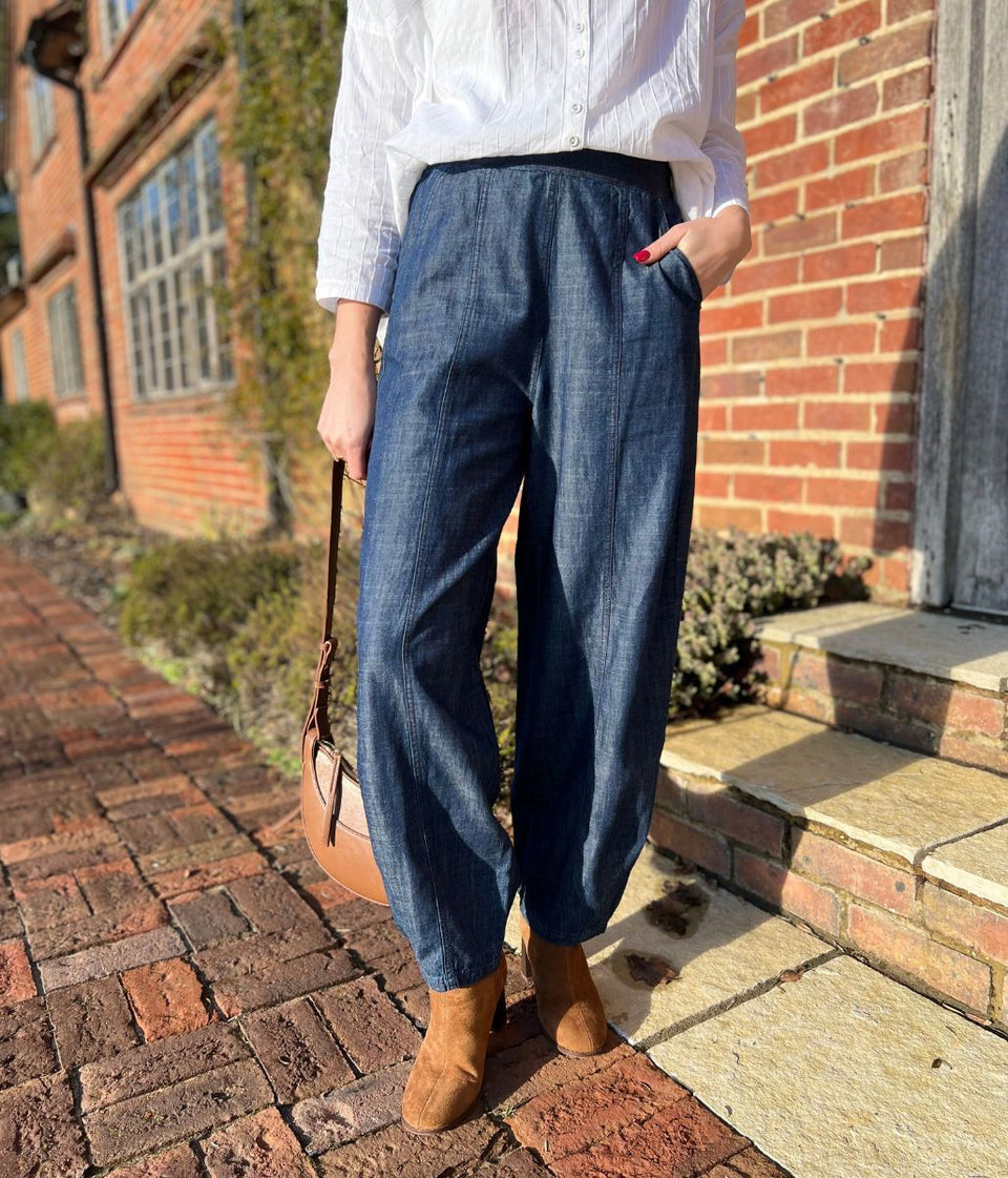 Indigo Linen Blend Barrel Trousers
