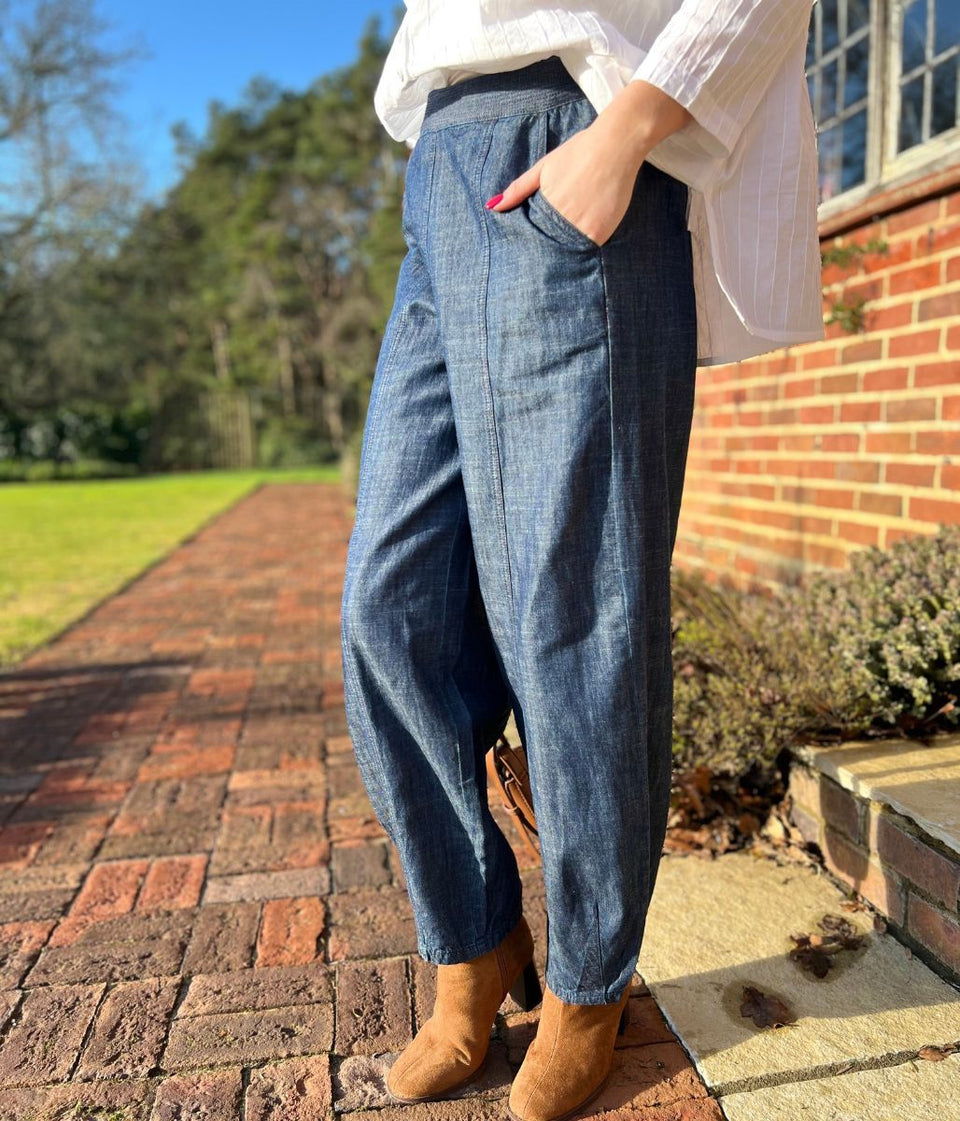 Indigo Linen Blend Barrel Trousers