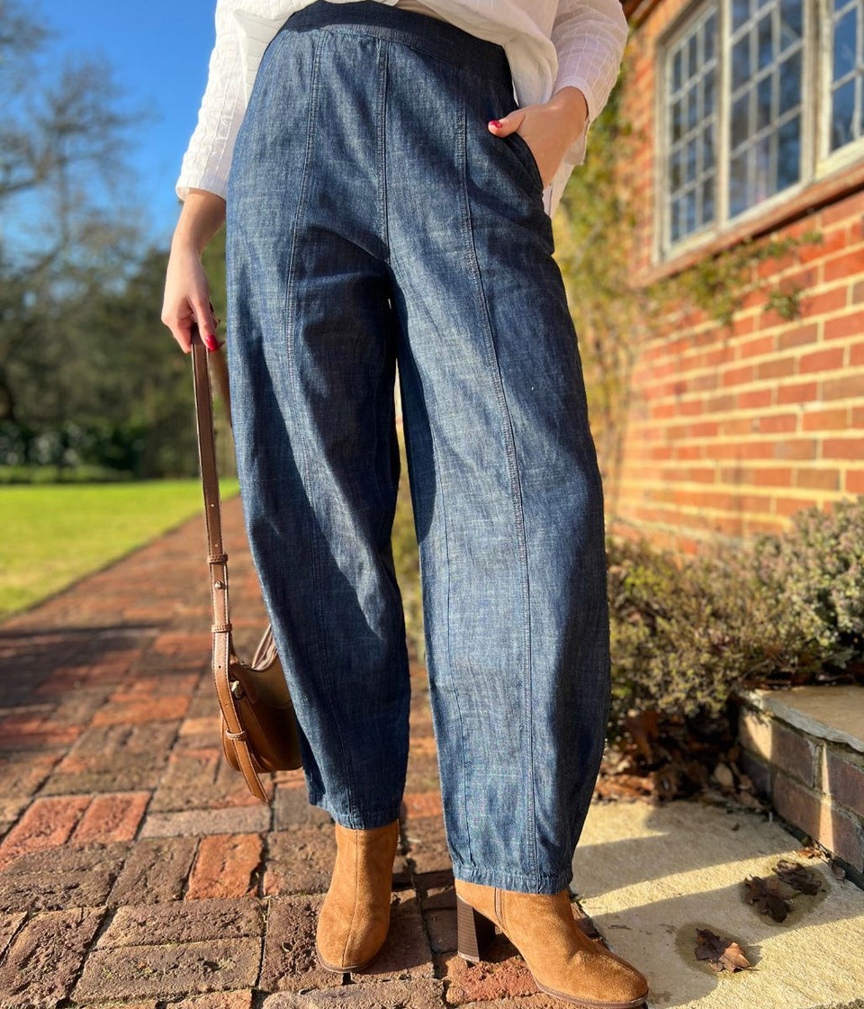 Indigo Linen Blend Barrel Trousers