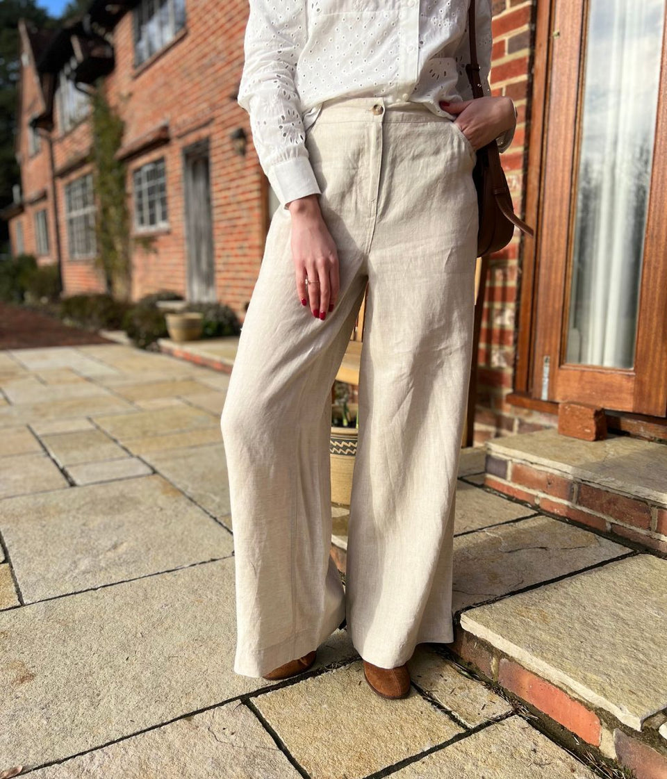 Stone Wide Leg Linen Palazzo Trousers