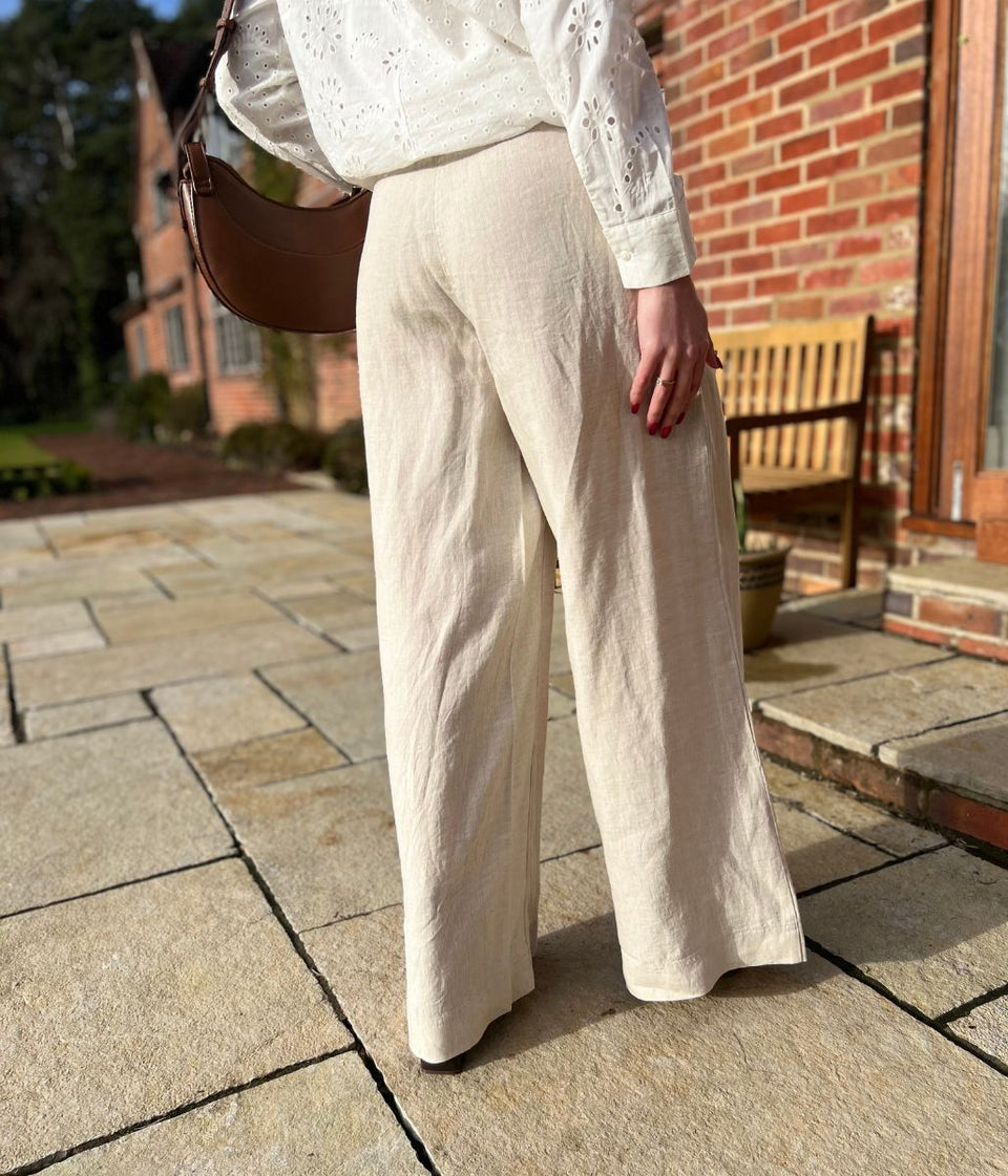 Stone Wide Leg Linen Palazzo Trousers