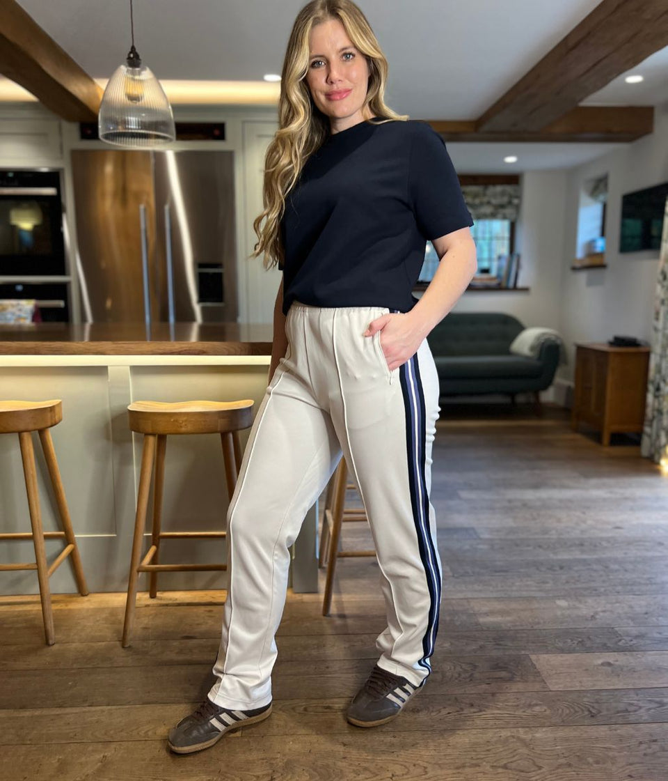 Off White Cotton Rich Retro Side Stripe Joggers