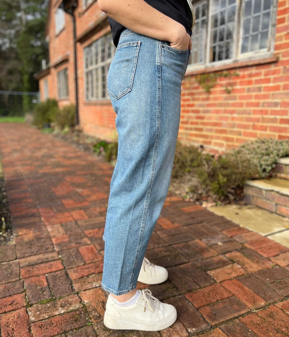 Blue Mid Rise Barrel Leg Jeans