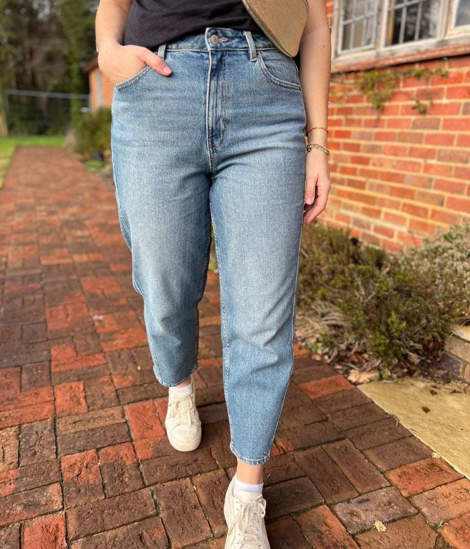 Blue Mid Rise Barrel Leg Jeans