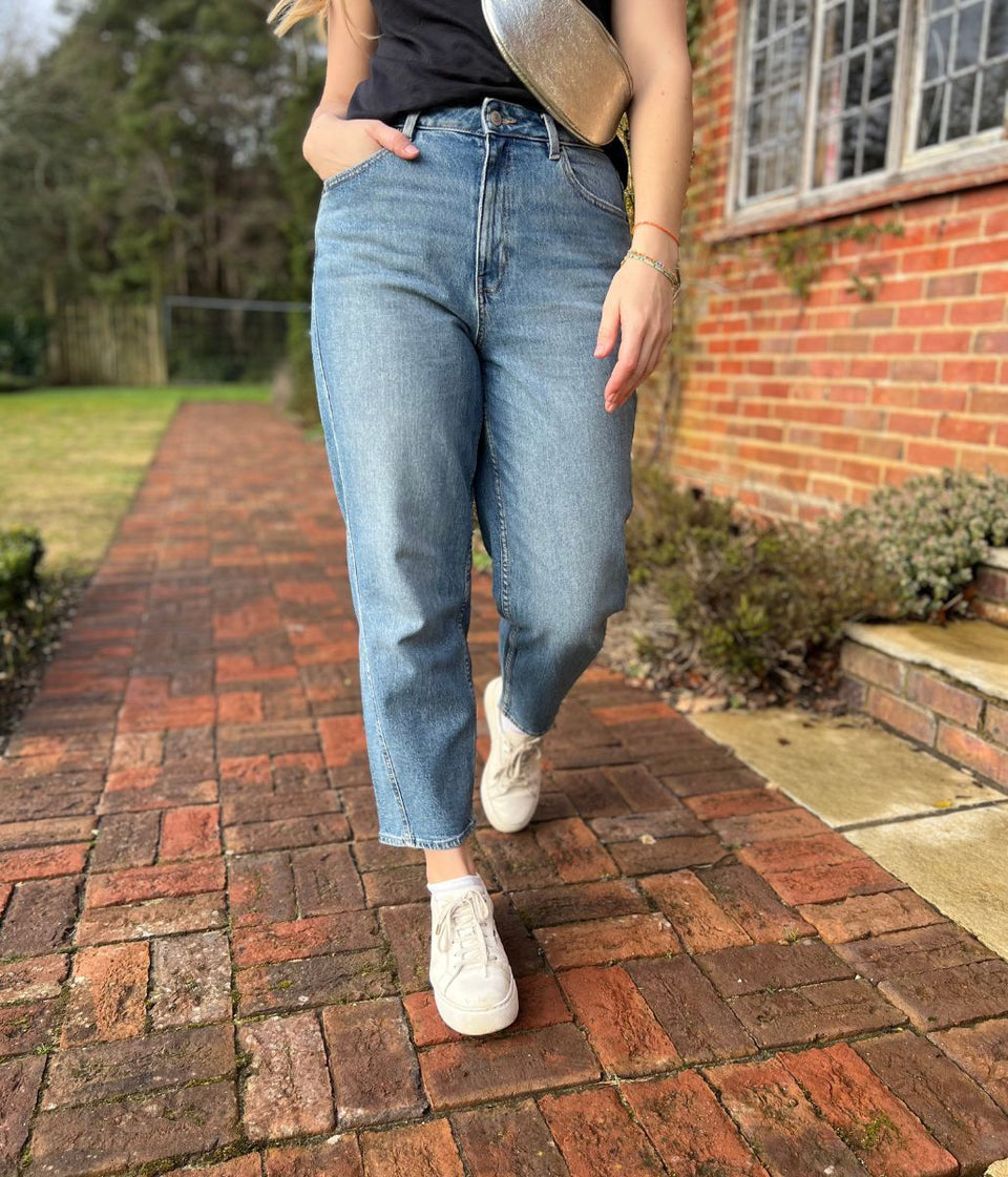 Blue Mid Rise Barrel Leg Jeans