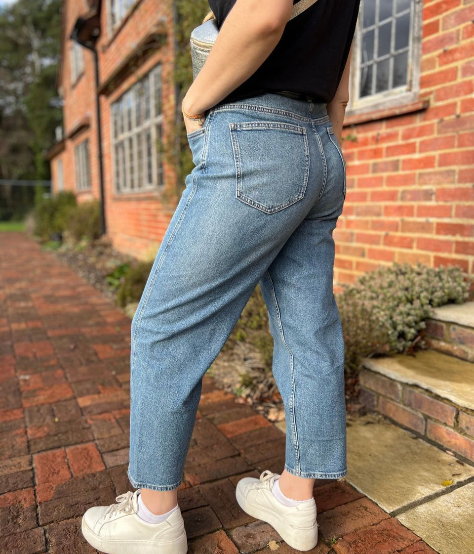 Blue Mid Rise Barrel Leg Jeans
