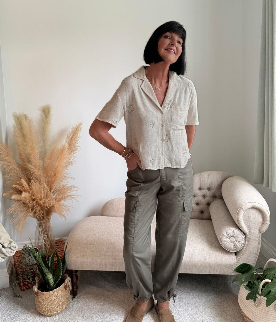 Linen Blend Short Sleeve Embellished Shirt