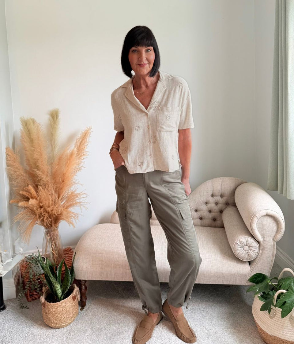 Linen Blend Short Sleeve Embellished Shirt