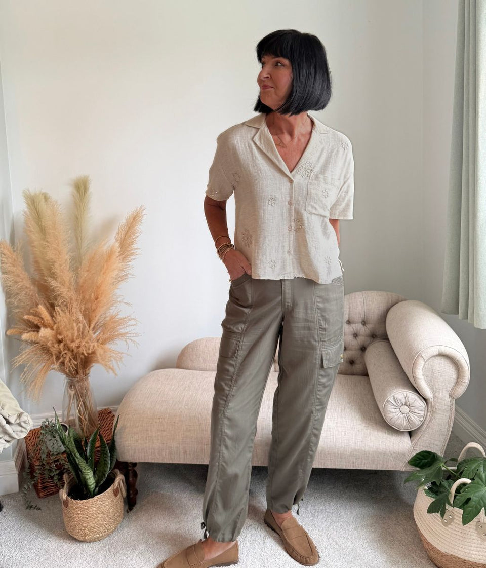 Linen Blend Short Sleeve Embellished Shirt