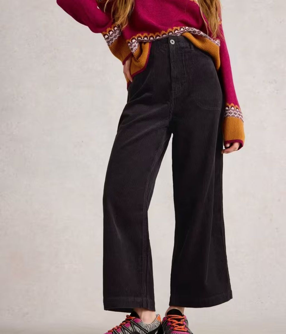 Grey Tia Cord Wide Leg Crop Trousers