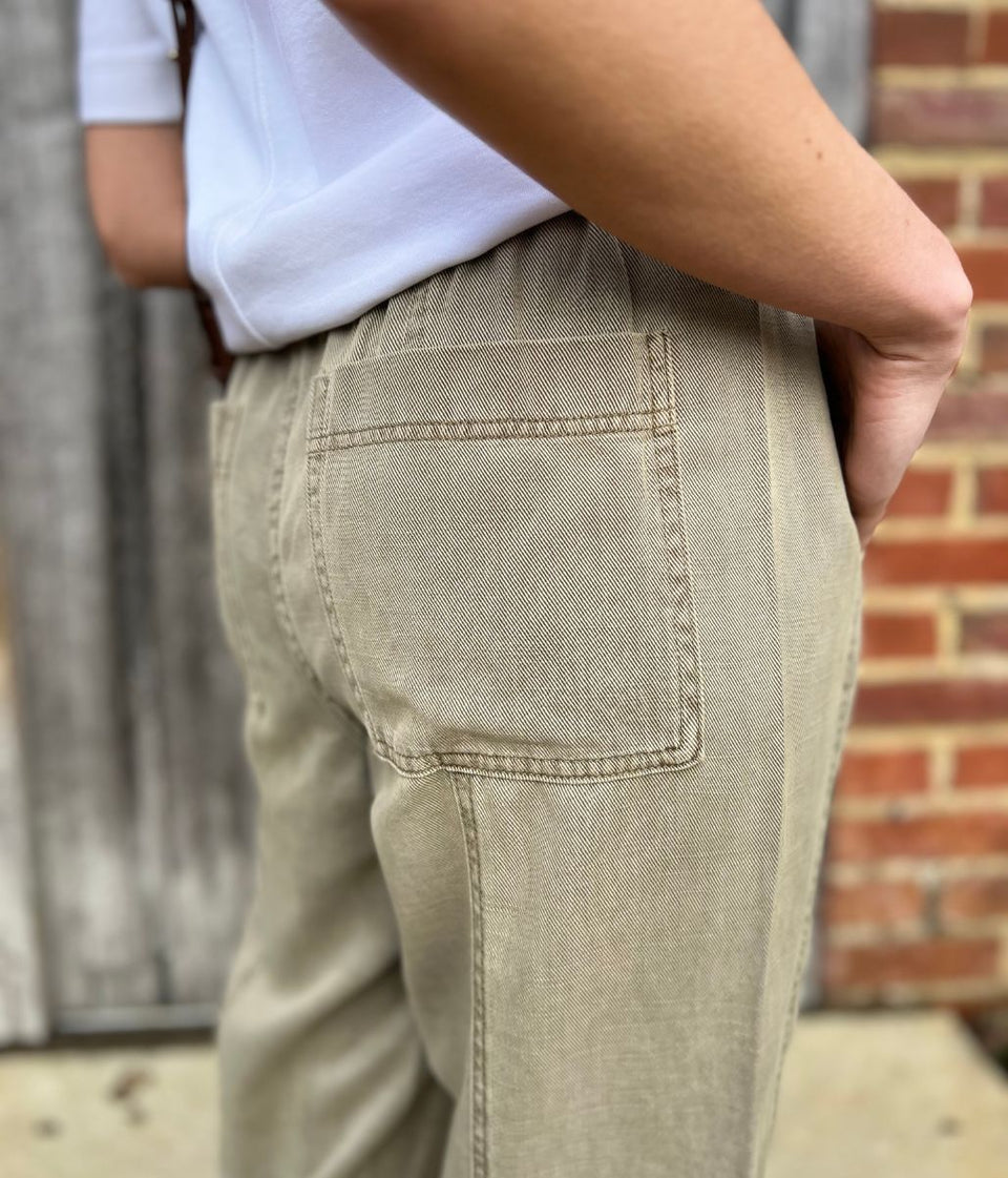 Khaki Cropped Barrel Tencel Trousers