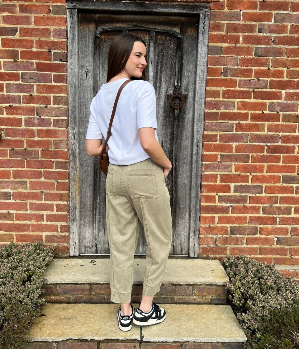 Khaki Cropped Barrel Tencel Trousers