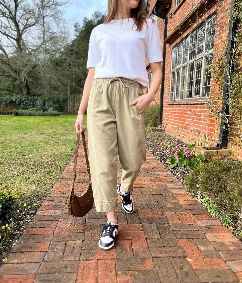 Khaki Cropped Barrel Tencel Trousers