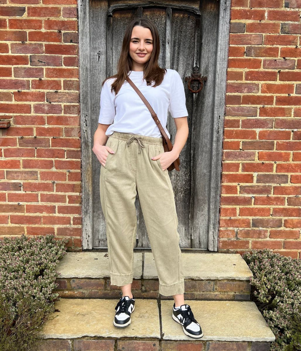 Khaki Cropped Barrel Tencel Trousers