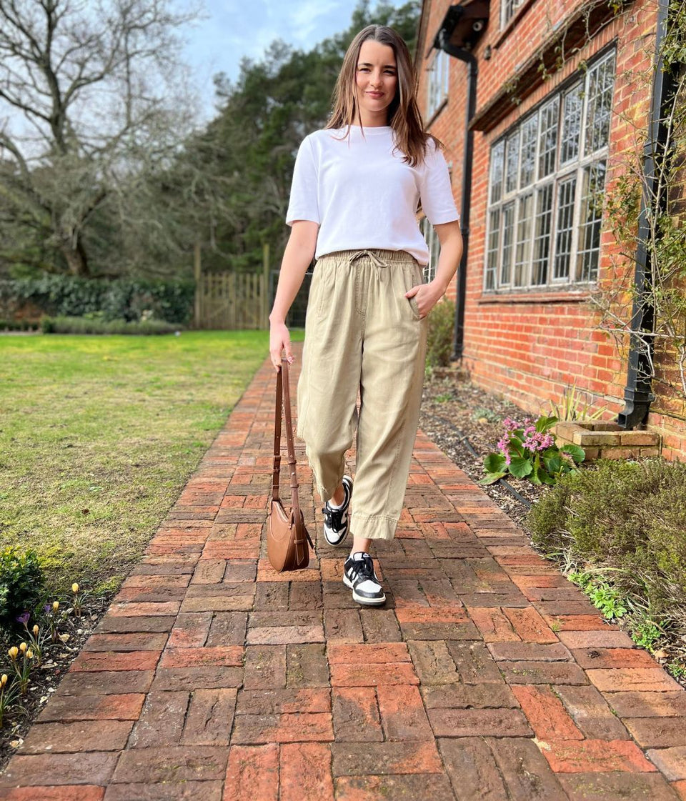 Khaki Cropped Barrel Tencel Trousers