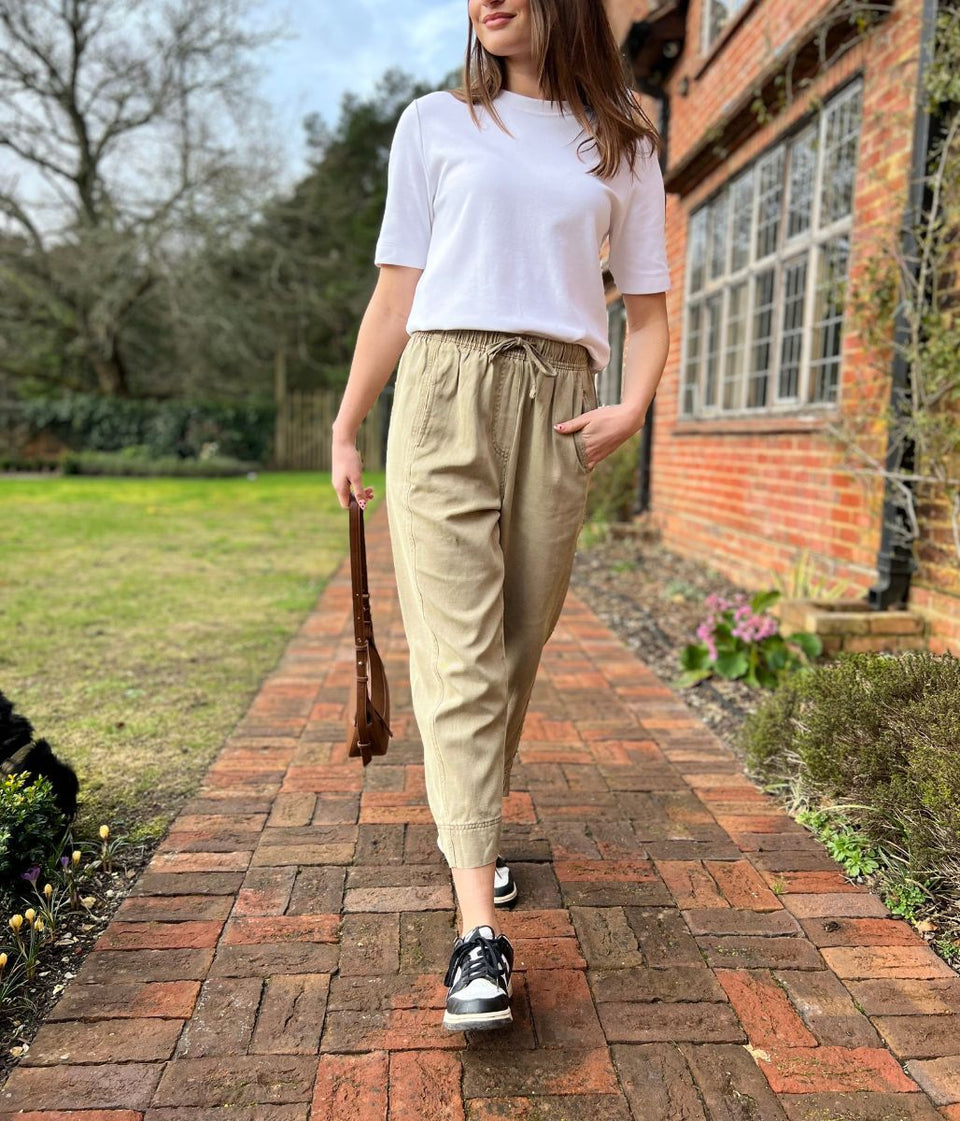 Khaki Cropped Barrel Tencel Trousers