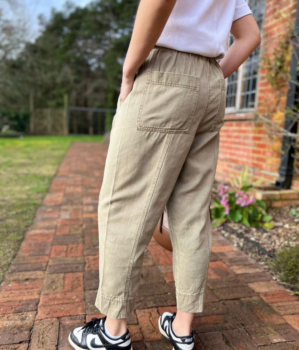 Khaki Cropped Barrel Tencel Trousers