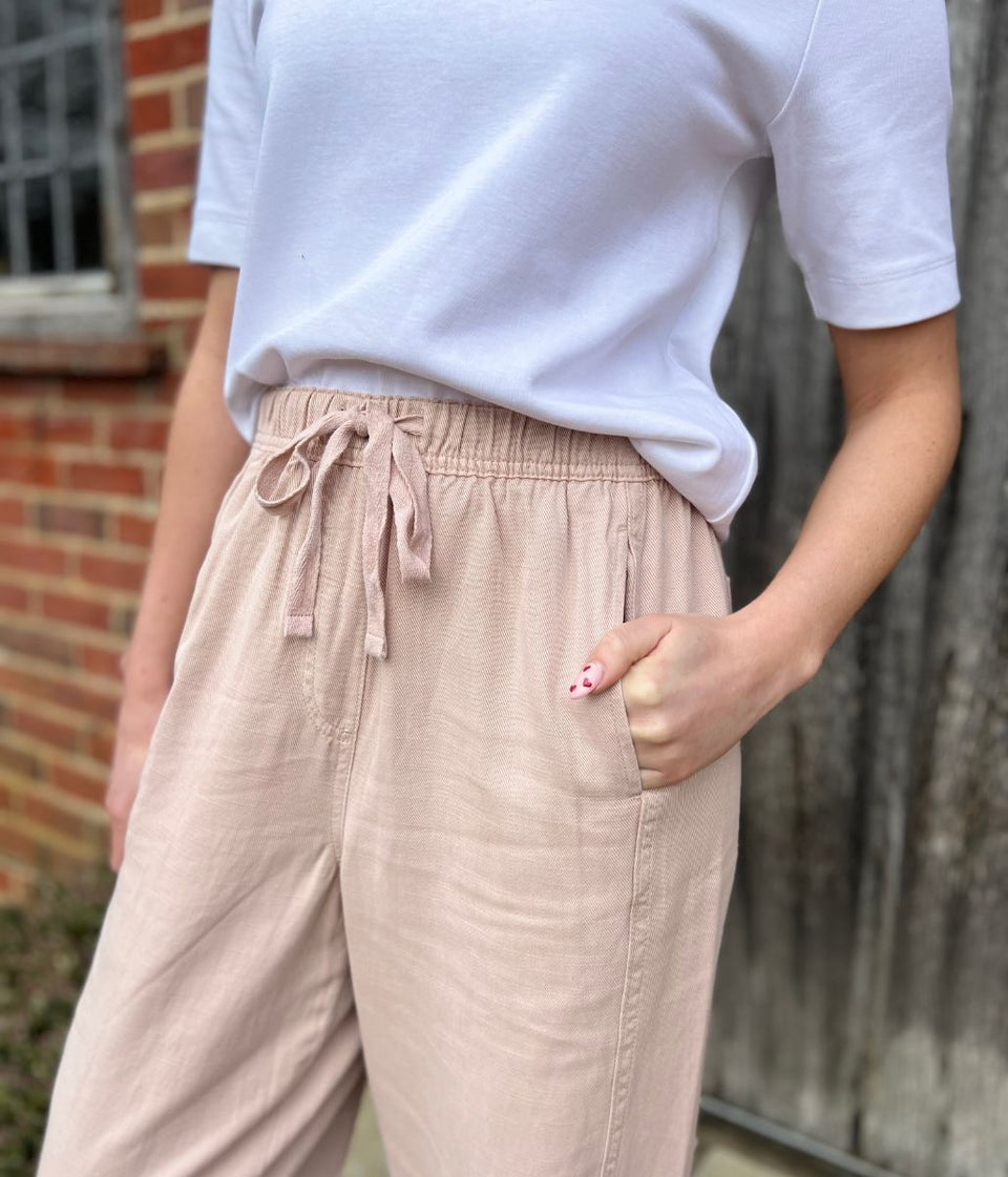 Pink Cropped Barrel Tencel Trousers