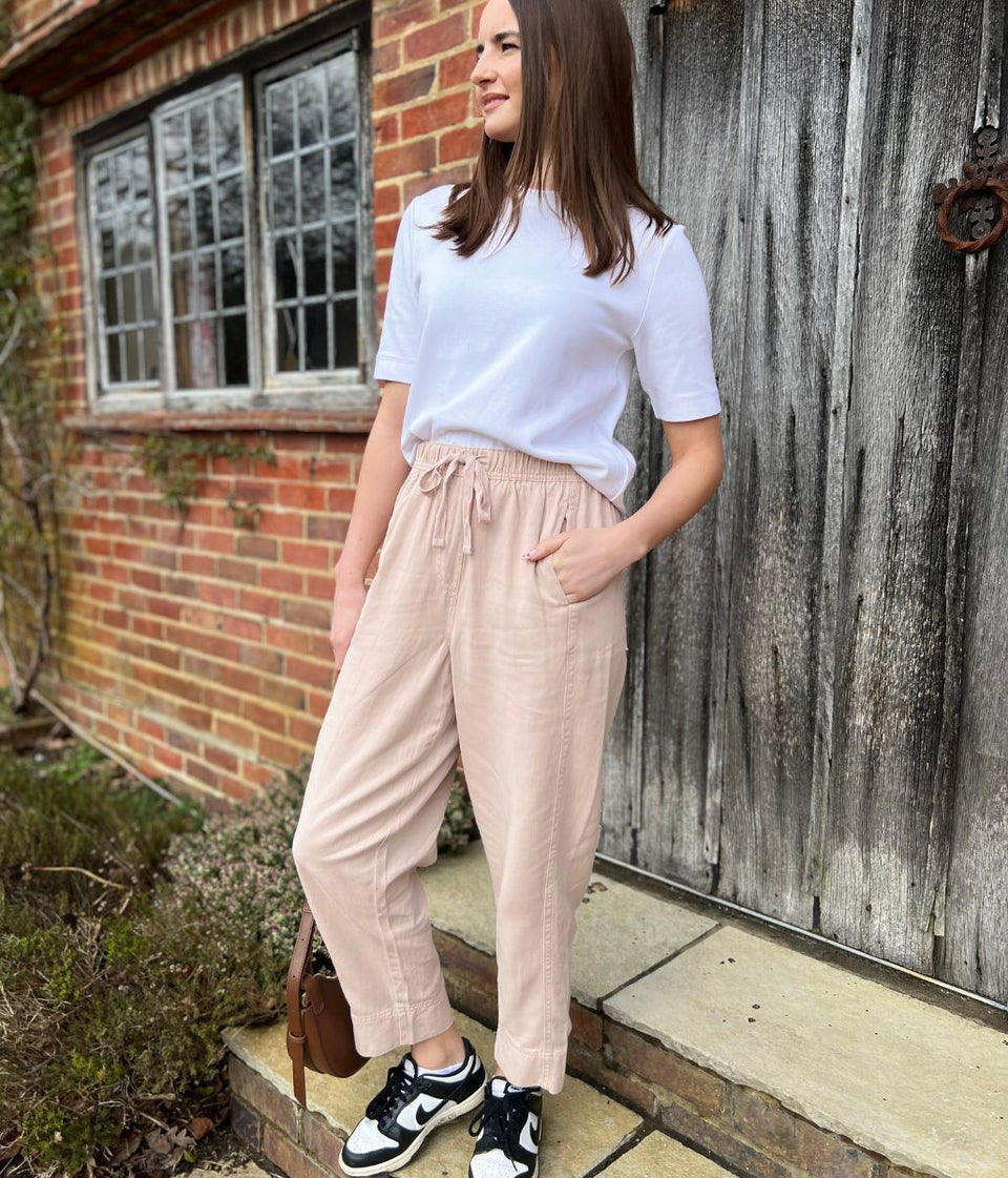 Pink Cropped Barrel Tencel Trousers