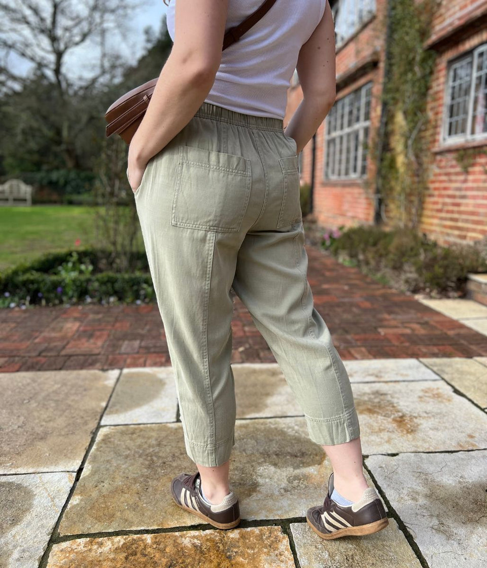 Green Cropped Barrel Tencel Trousers