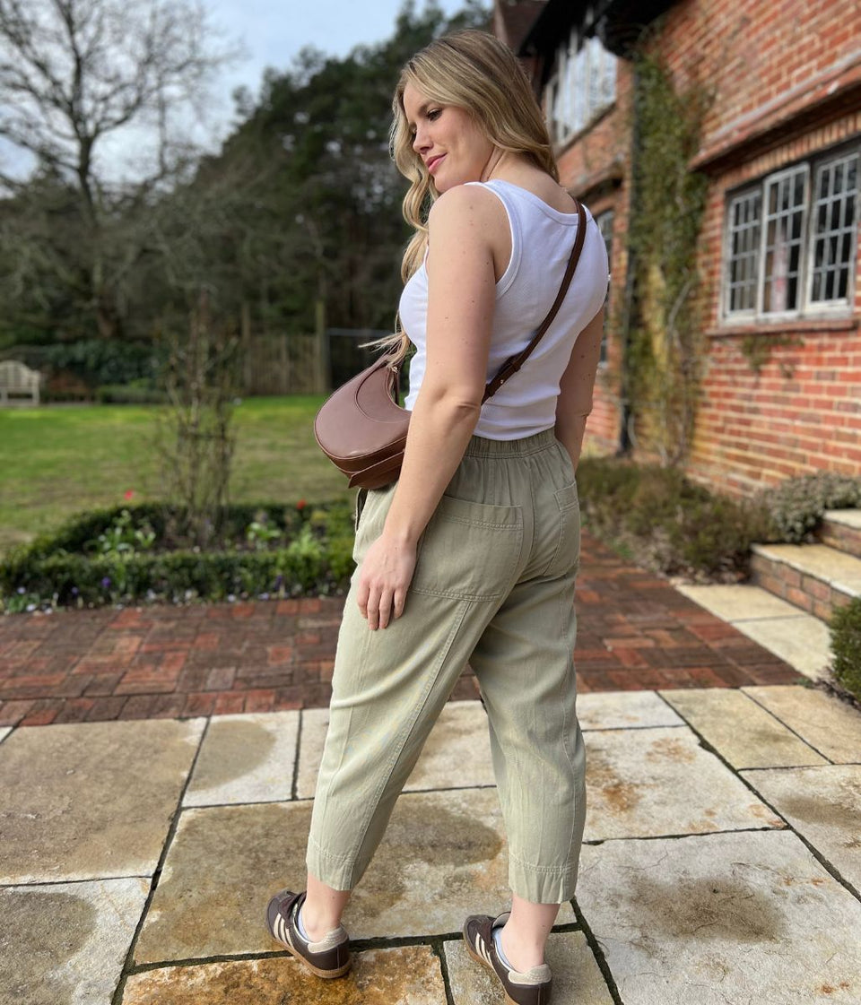 Green Cropped Barrel Tencel Trousers