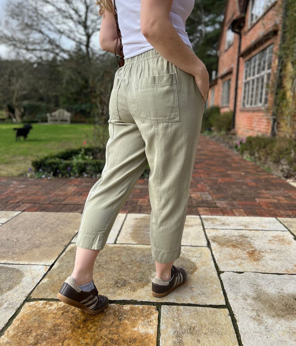 Green Cropped Barrel Tencel Trousers