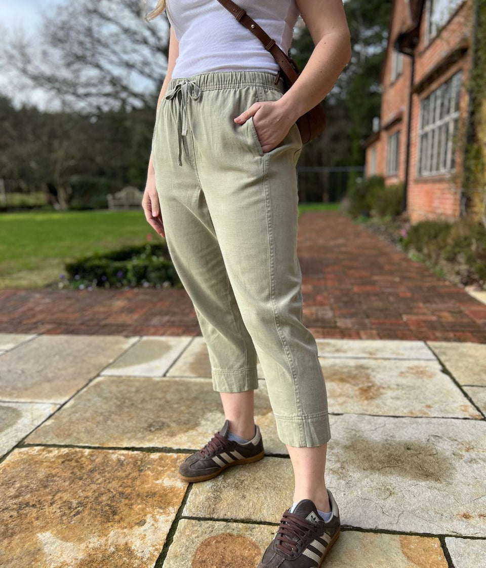 Green Cropped Barrel Tencel Trousers