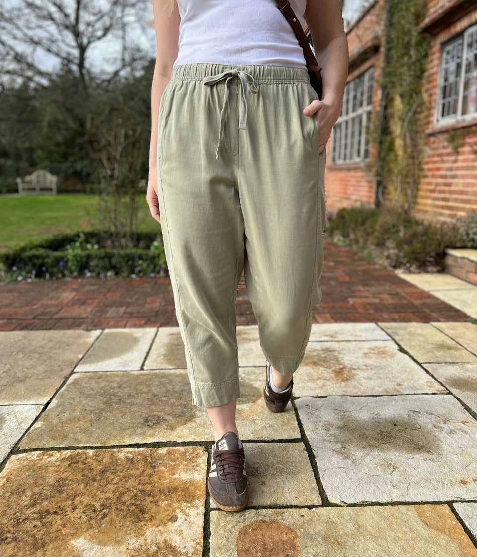 Green Cropped Barrel Tencel Trousers