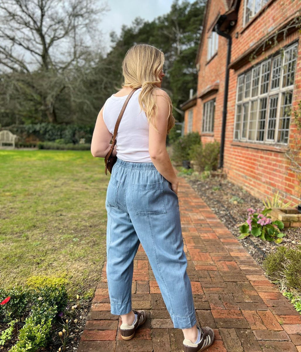 Blue Cropped Barrel Tencel Trousers