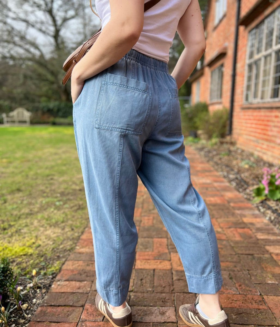 Blue Cropped Barrel Tencel Trousers