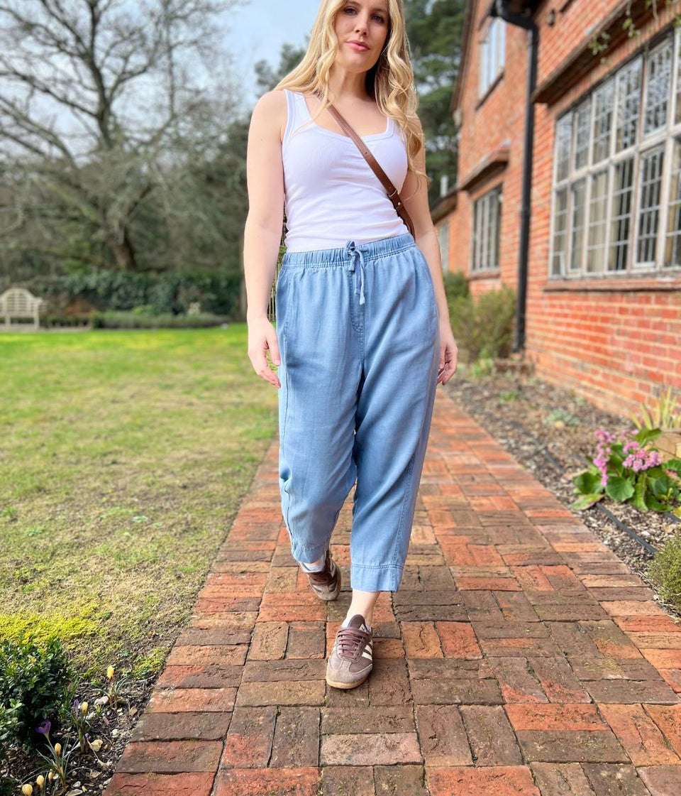Blue Cropped Barrel Tencel Trousers