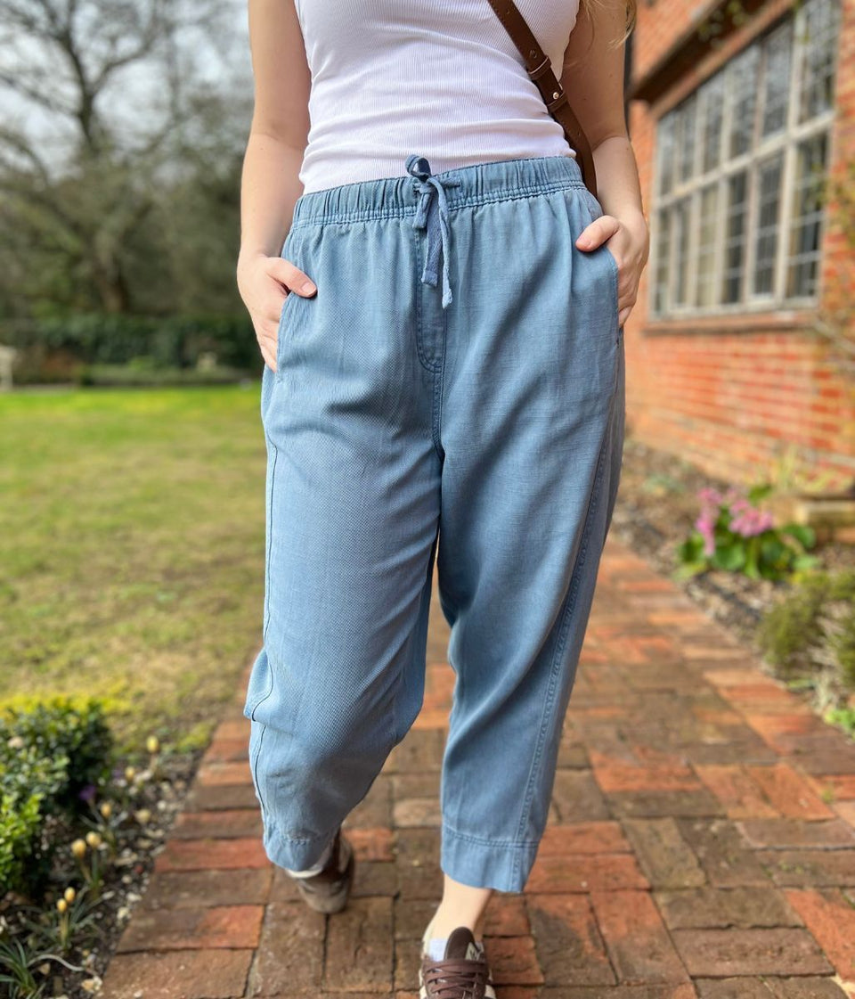 Blue Cropped Barrel Tencel Trousers