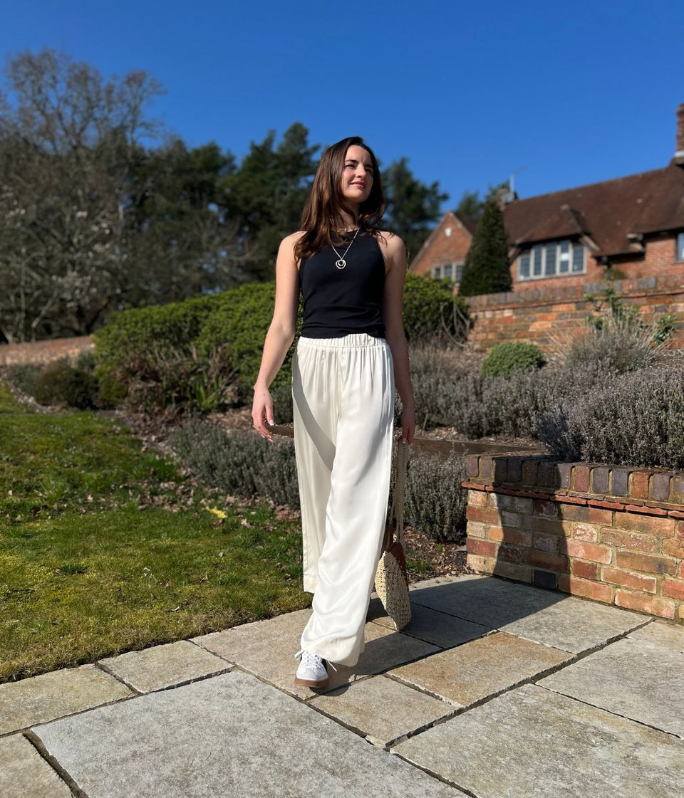 Ivory Satin Wide Leg Palazzo Trousers