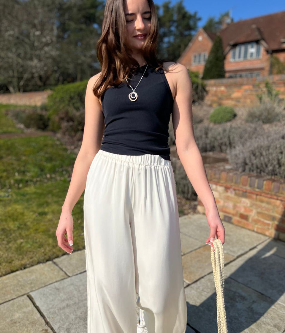 Ivory Satin Wide Leg Palazzo Trousers