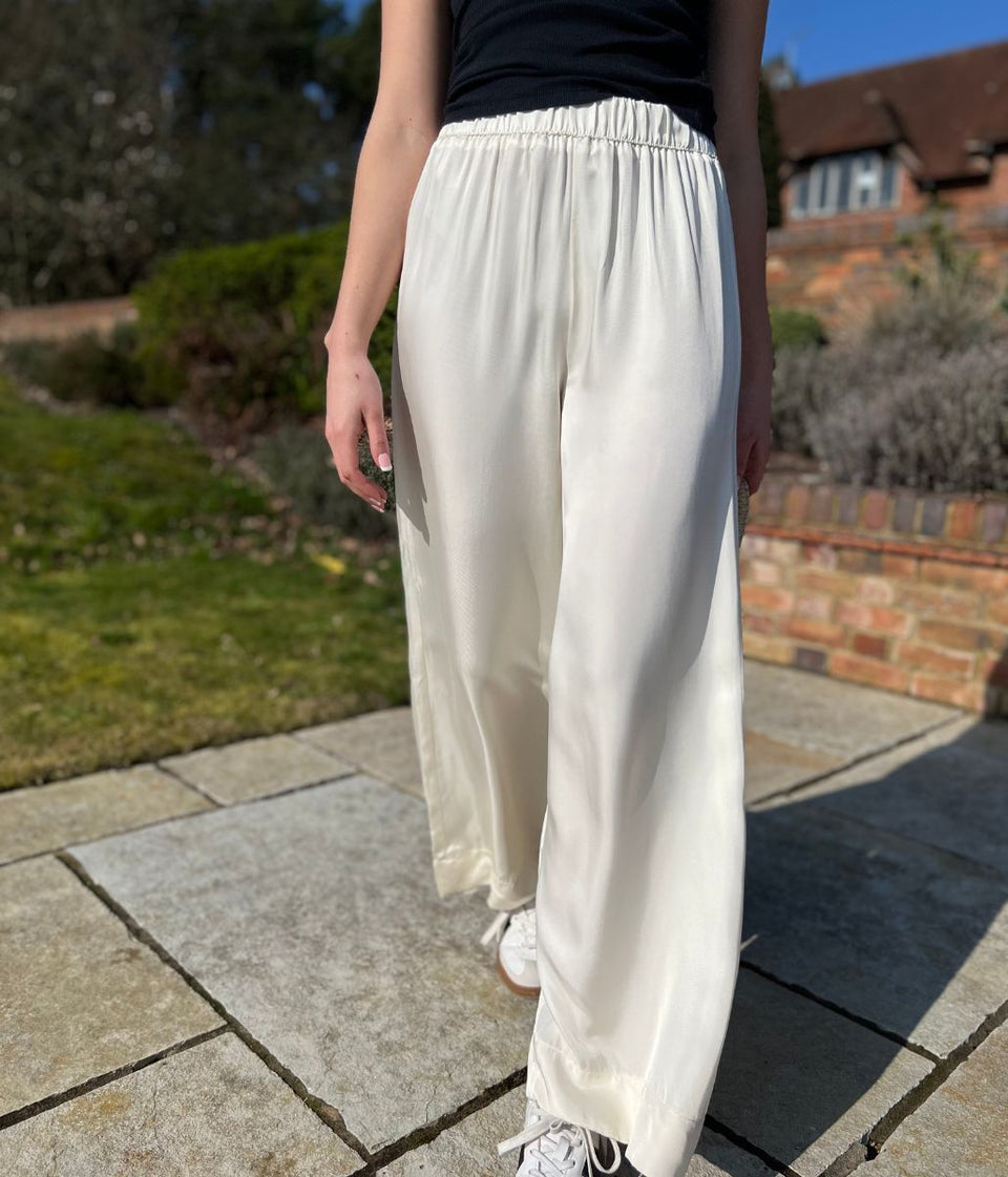 Ivory Satin Wide Leg Palazzo Trousers