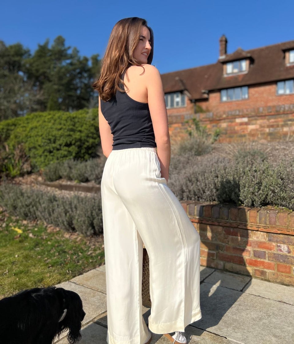 Ivory Satin Wide Leg Palazzo Trousers