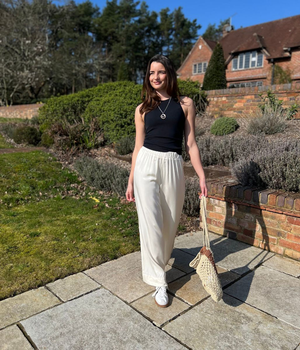 Ivory Satin Wide Leg Palazzo Trousers