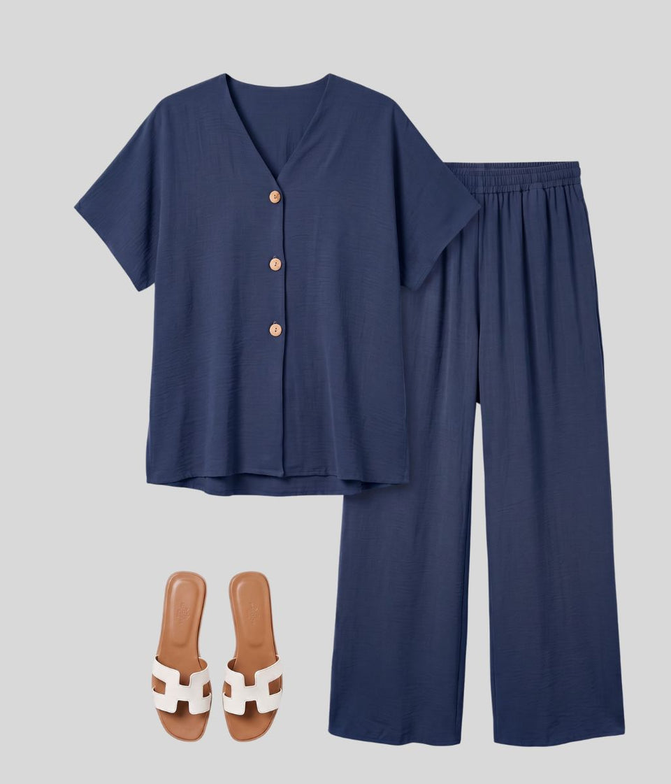 Navy Button Through Shirt & Wide Leg Trouser Set