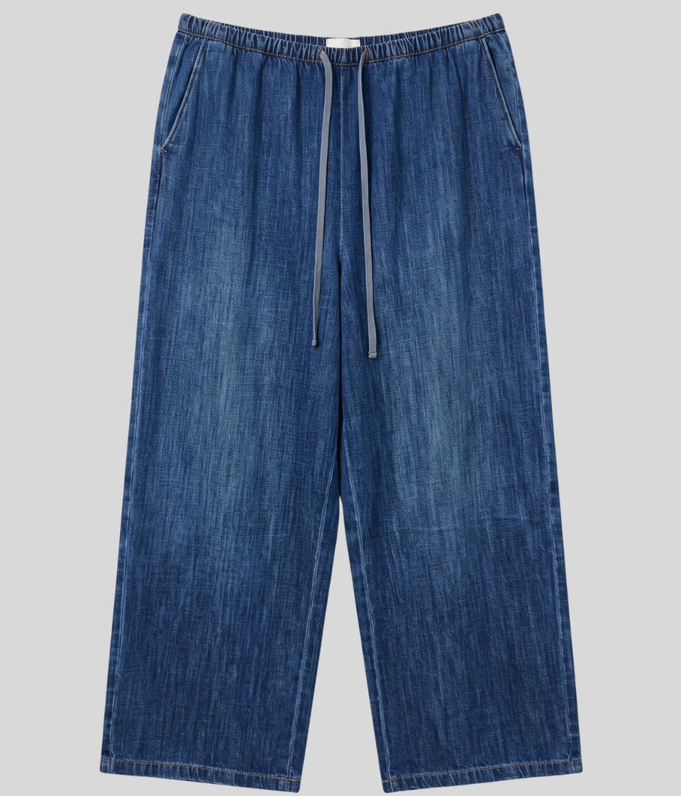 Dark Wash Cotton Rich Drawstring Wide Leg Trousers