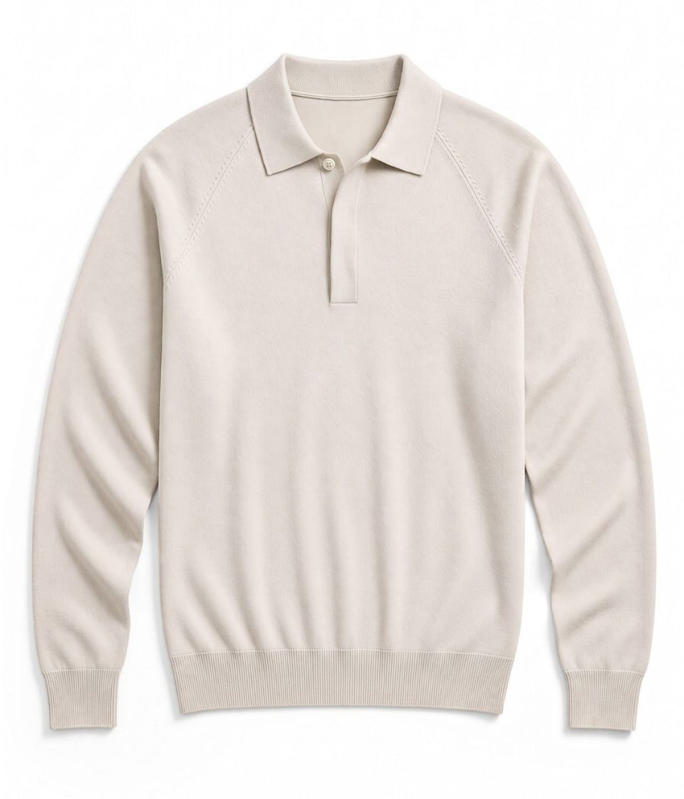 Mens Ecru Cotton Rich Concealed Button Knitted Polo Top