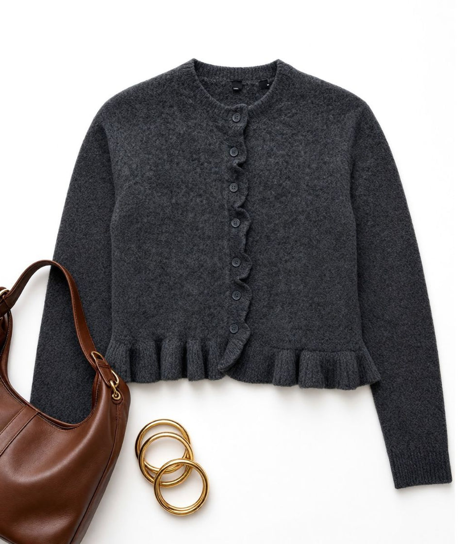 Grey Ruffle Button Front Cardigan