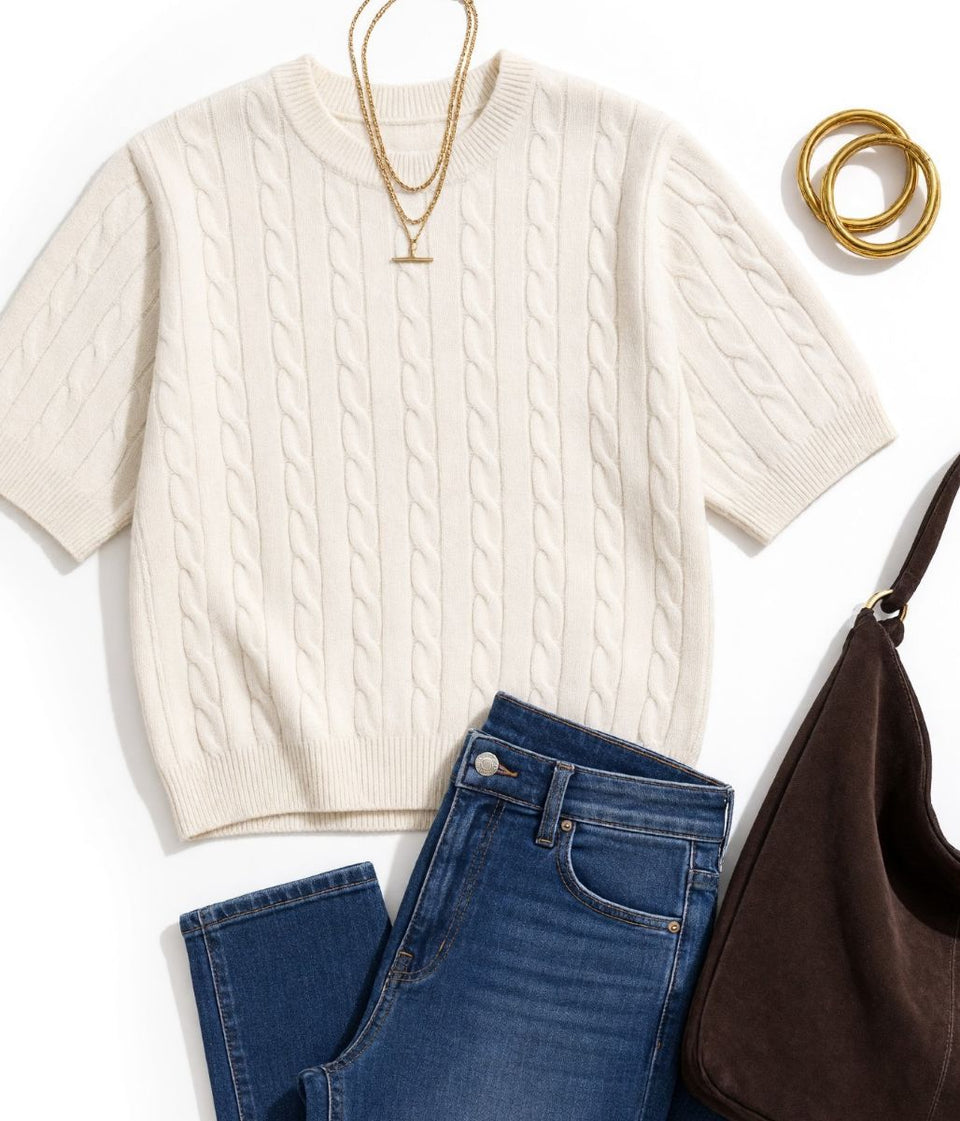 Ivory Cable Knit Short Sleeve Jumper