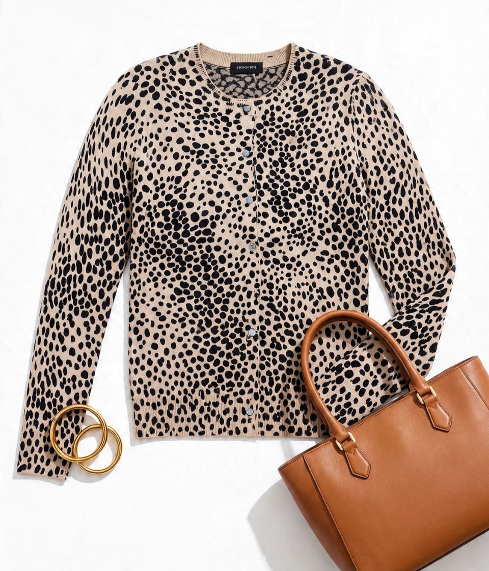 Camel Black Spotted Crew Neck Cardigan