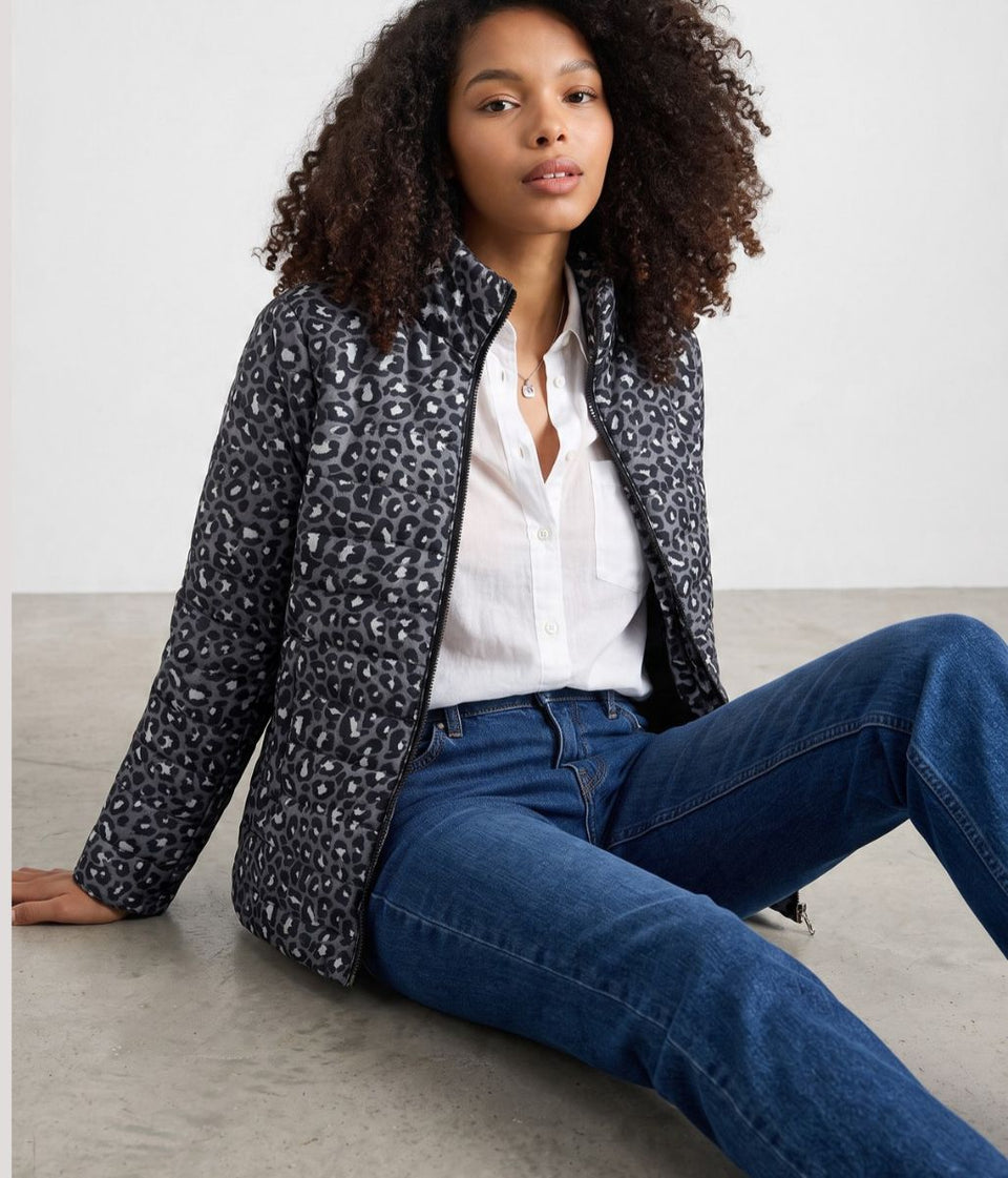 Grey Leopard Quilted Padded Casual Jacket