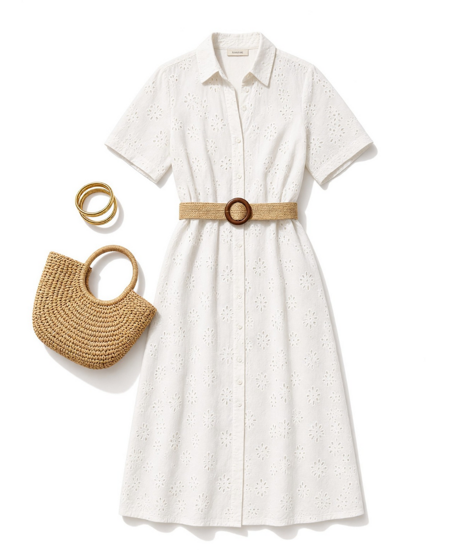 White Belted Broderie Anglaise Shirt Dress
