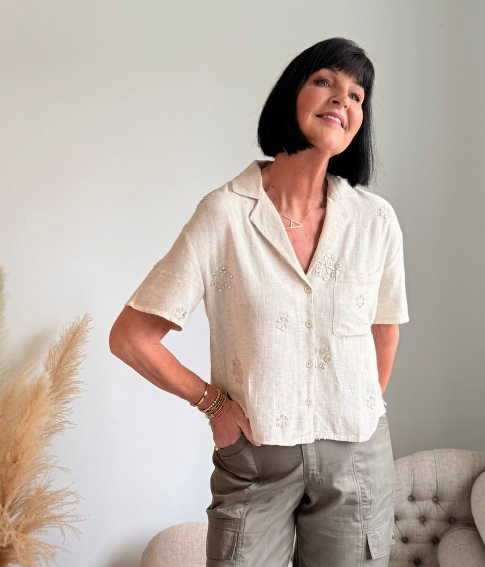 Linen Blend Short Sleeve Embellished Shirt