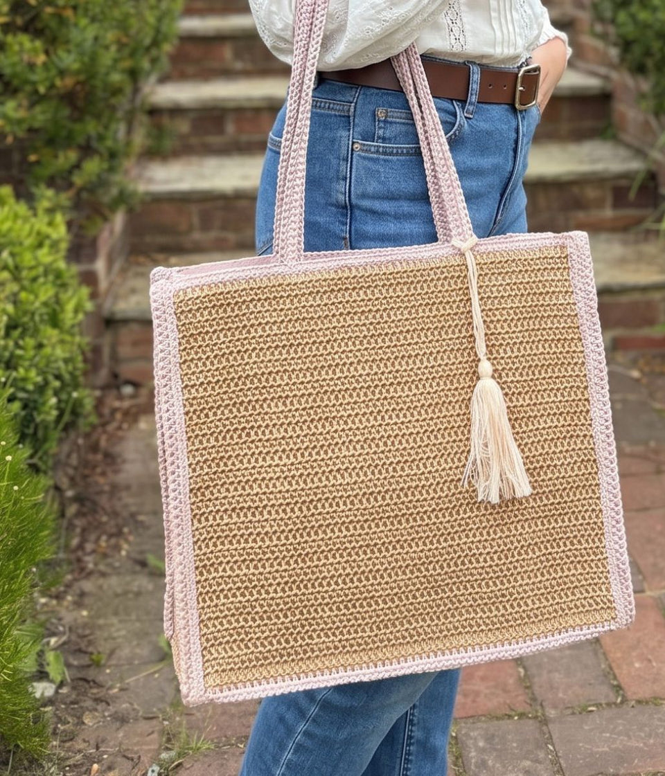 Pink Trim Raffia Tote Bag