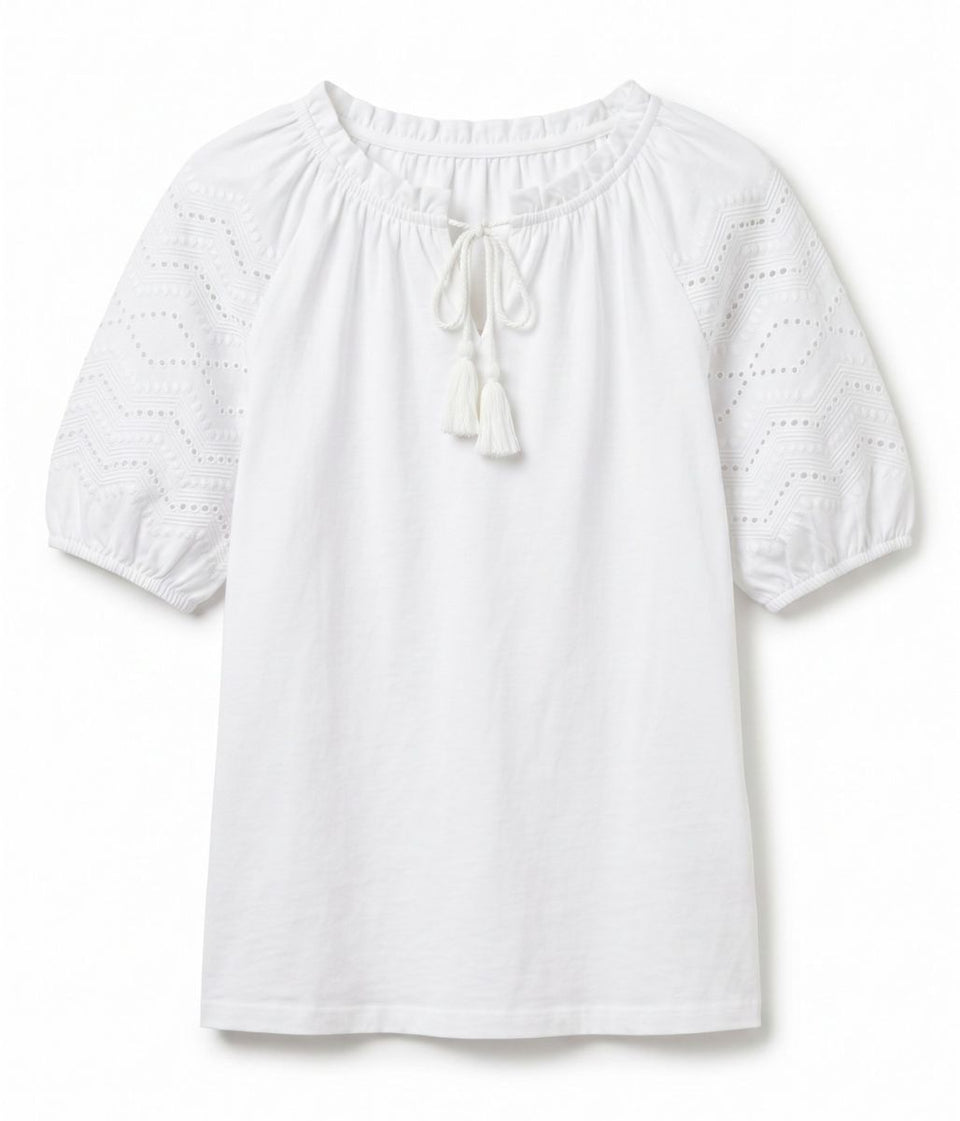 White Anglaise Sleeve Tassel Tie Top